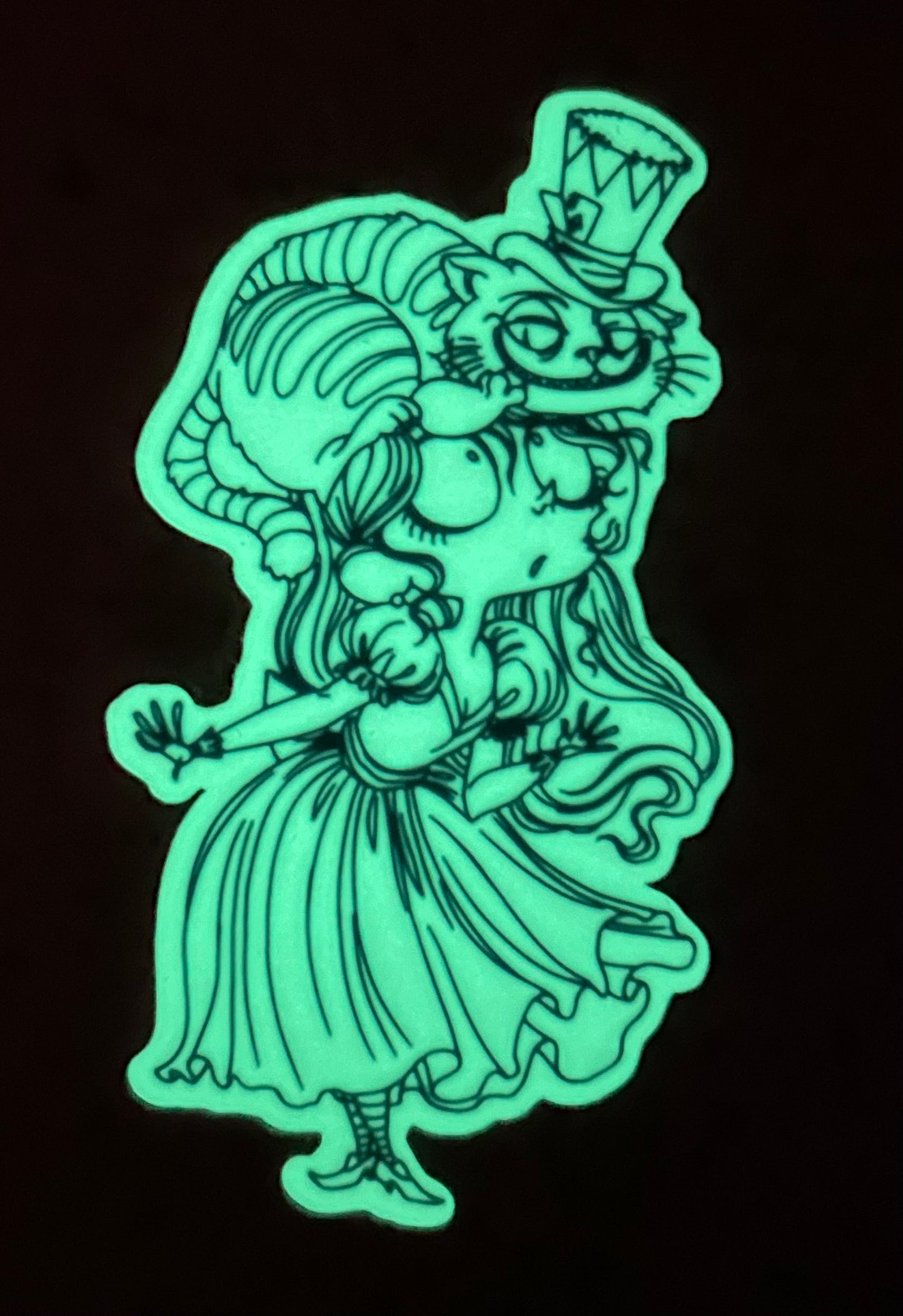 3” Glow in the dark Alice and Cheshire Cat Decorative Sticker.